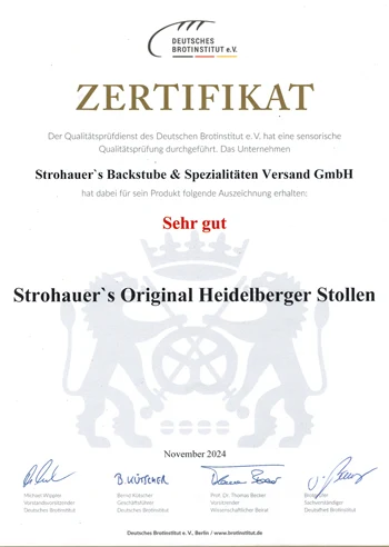 Zertifikat: Strohauer's Original Heidelberger Stollen mit „sehr gut“ ausgezeichnet
