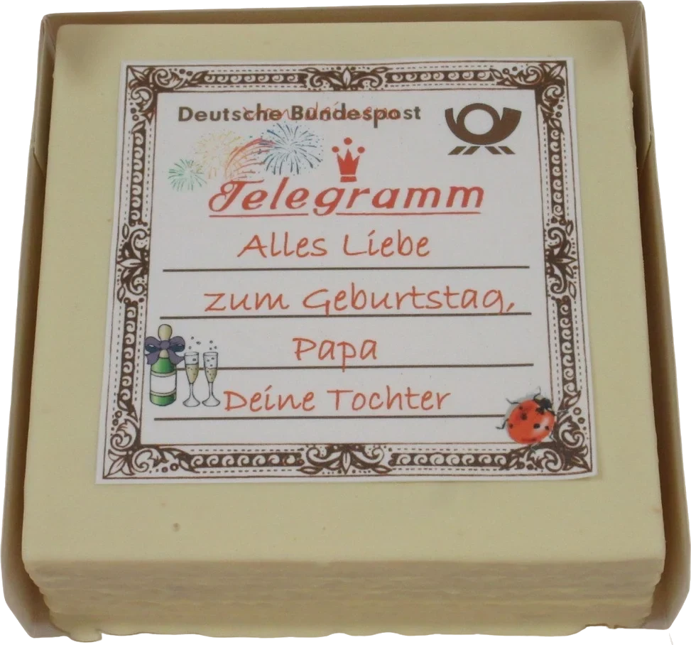Telegrammtorte mit aufgedrucktem Geburtstagsgruß